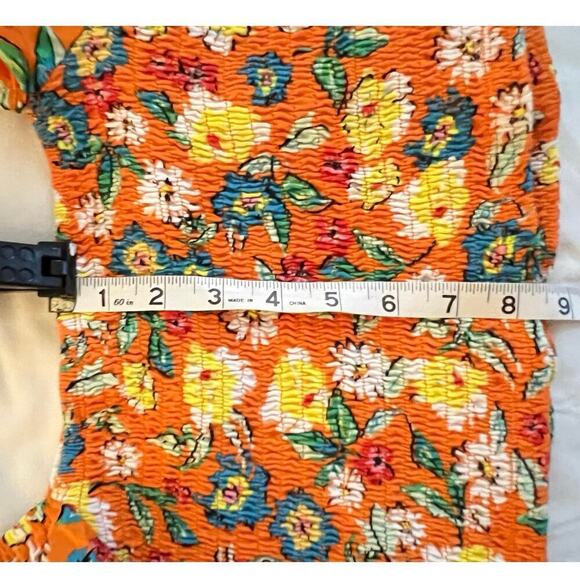 Zara Womens Balloon Sleeve Crop Top Flounce shirt Sz L Orange Floral Boho Fun - Picture 8 of 12